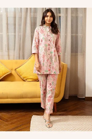 Claura Floral Printed Mandarin Collar Pure Cotton Tunic With Trouser