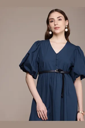 French Connection Pure Cotton Puff Sleeve A-Line Midi Dress