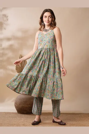 Globus Green & Blue Floral Printed Tiered Pure Cotton Kurta with Trousers