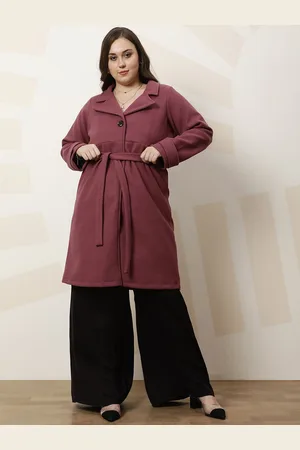 ATHENA Plus Size Solid Notched Lapel Longline Overcoat With Tie Up Waist