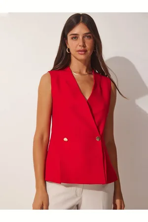Happiness istanbul Women V-Neck Sleeveless Double Breasted Waistcoat