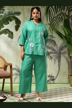 Bani Women Plus Size Floral Embroidered Shirt Collar Shirt & Palazzo