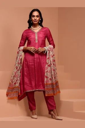 IMARA V-Neck A-Line Kurta & Trousers With Floral Printed Dupatta