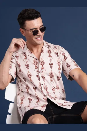 HANCOCK Men Ikat Printed Cuban Collar Relaxed Fit Casual Shirt