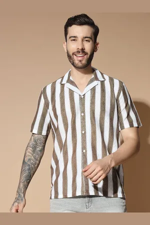 GLITO Men Modern Cuban Collar Multi Striped Cotton Relaxed Fit Casual Shirt