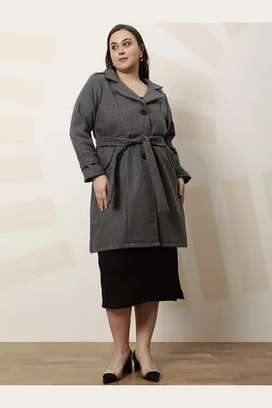 ATHENA Plus Size Solid Longline Notched Lapel Woolen Overcoat