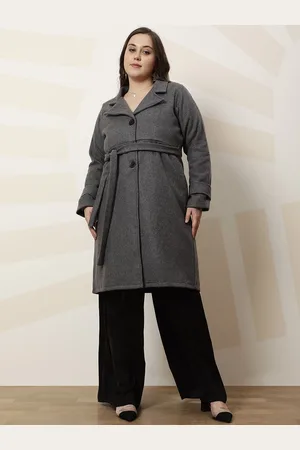 ATHENA Plus Size Solid Notched Lapel Longline Overcoat With Tie Up Waist