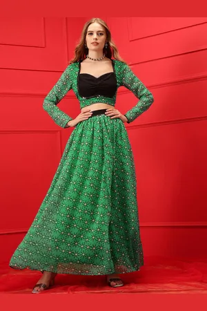 indo street Printed Sweetheart Neck Top With Skirt