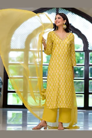 Divena World Floral Regular Beads & Stones Pure Cotton Straight Kurta with Trousers & Dupatta