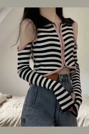 LULU & SKY Women Shirt Collar Cold-Shoulder Sleeves Horizontal Stripes Striped Crop Top