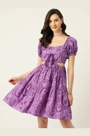 Antheaa Floral Print Puff Sleeve Cotton A-Line Dress