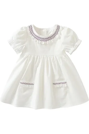 Stylecast Girls white Round Neck Short Sleeves Cotton A-Line Dress