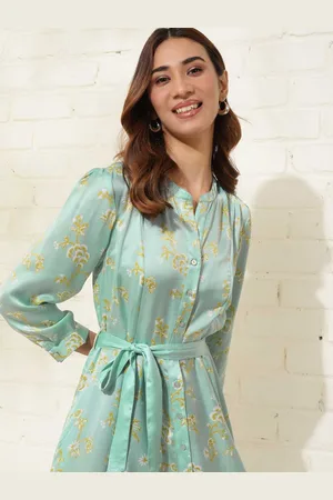 Fabindia Mandarin Collar Floral Printed A-Line Midi Dress
