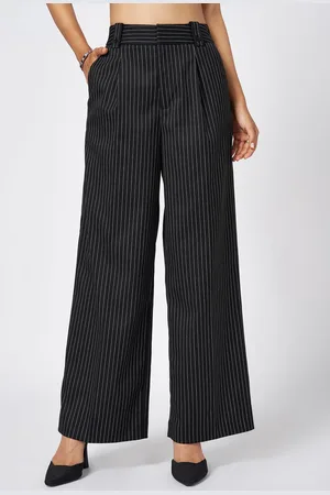 Pantaloons Women Striped Flared High-Rise Pleated Trousers
