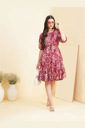 Fbella Women Floral Printed Puff Sleeve Fit & Flare Mini Dress