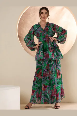 Antheaa Green & Red Printed Top With Trousers