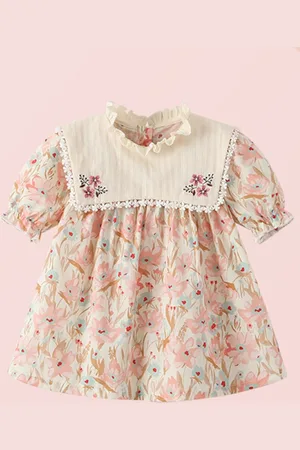Stylecast Girls Pink High Neck Floral Printed Cotton A-Line Dress