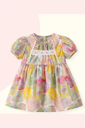 Stylecast Girls White & Green Floral Printed Puff Sleeve Empire Dress