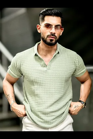 Maniac Men Self Design Polo Collar Cotton Slim Fit T-shirt