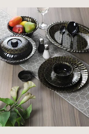 Aura 46 Pieces Printed Glossy Dishwasher and Microwave Safe Dinner Set