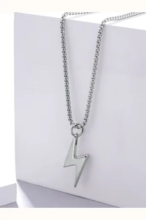 Yellow Chimes Men Rhodium-Plated Stainless Steel Lightning Bolt Shaped Pendant with Chain