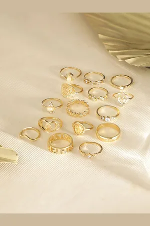 Priyaasi Set Of 15 Gold Plated Stone-Studded Adjustable Finger Rings