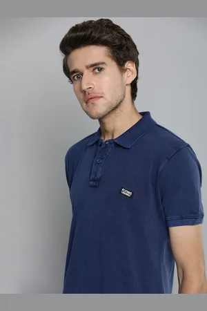 Flying Machine Men Navy Blue Pure Cotton Polo Collar Applique Slim Fit T-shirt
