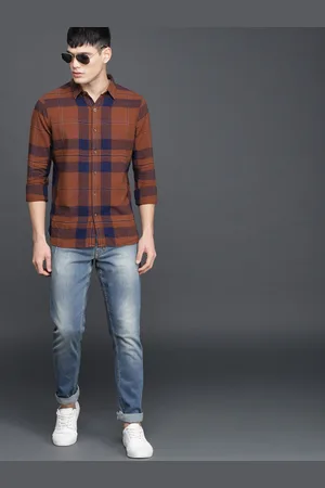 WROGN Men Brown & Navy Blue Slim Fit Checked Casual Shirt