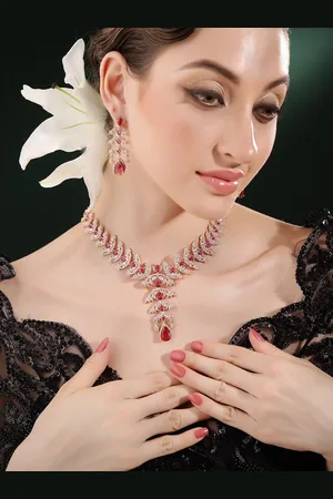 Priyaasi Rose Gold-Plated Stones Studded Leaf Pattern Jewellery Set