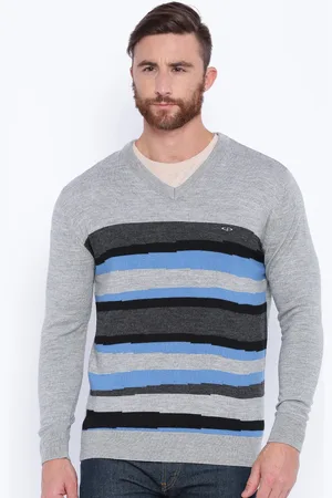 ColorPlus Men Grey & Blue Striped Sweater