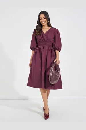 Styli Women V Neck Puff Sleeves A-Line Midi Dress