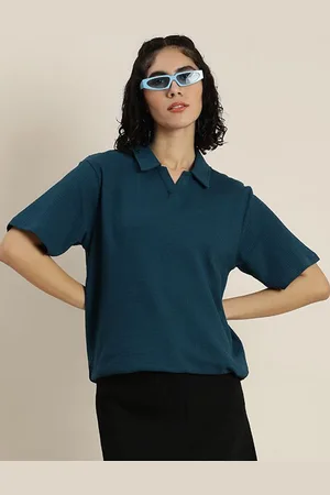 Dillinger Women Self Design Polo Collar Cotton Oversized T-Shirt