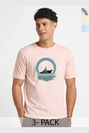 NOBERO Men Pack Of 3 Graphic Printed Round Neck Cotton T-shirts