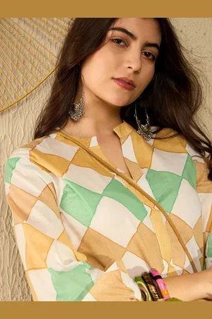 Kalini Geometric Checked Mandarin Collar Shirt Style Top