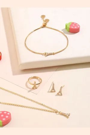 Salty Gold-Plated Stone-Studded Necklace and Earrings With Bracelet & Ring