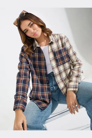Styli Women Contrast Checked Print Oversized Shirt