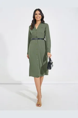 Styli Women Shirt Style Long Sleeve A-Line Midi Dress With Belt