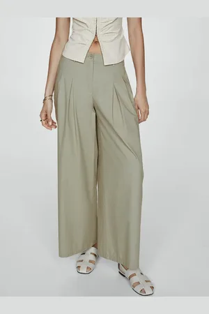 MANGO Women Pleated Wide Leg Pure Cotton Trousers