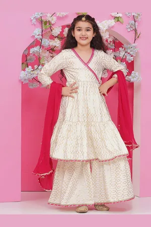 Bhama Girls Printed Angrakha Gotta Patti Pure Cotton Kurta with Sharara & With Dupatta