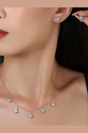 Salty Gold-Plated Stones Studded Sapphire Shine Necklace and Earrings