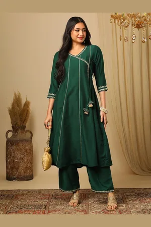 Globus Women Floral Angrakha Thread Work Kurta with Trousers
