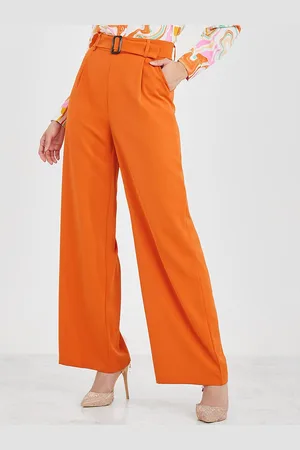 Styli Women Orange High Waist Wide Leg Belted Trouser