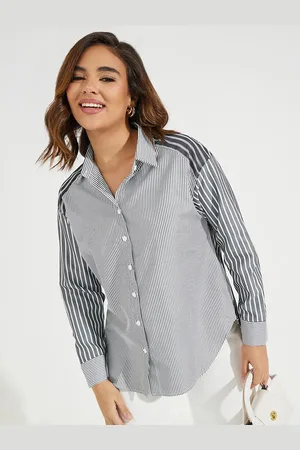 Styli Women Oversized Drop Shoulder Longline Shirt With Multi Strips