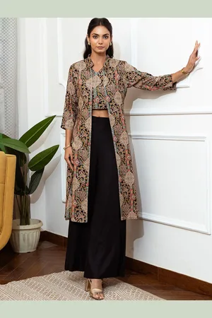 Claura Black Floral Printed V-Neck Top with Shrug & Trousers
