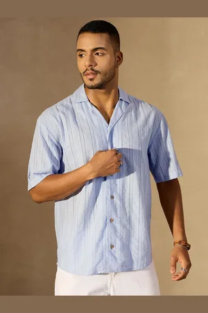 DENNISON Men Striped Cuban Collar Oversized Smart Casual Shirt