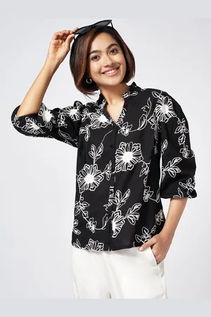 Pantaloons Floral Embroidered Bell Sleeve Cotton Shirt Style Top
