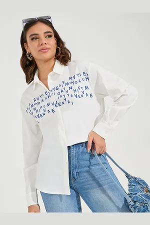 Styli Women Slogan Print Buttoned Oversized Longline Shirt