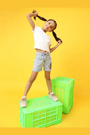 TALES & STORIES Girls Blue Embellished Regular Fit Denim Shorts