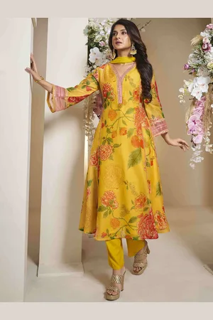 Bhama Couture Jennifer Winget Floral Chanderi Silk Anarkali Kurta With Palazzos & Dupatta