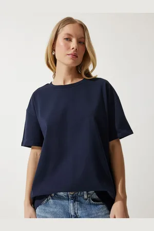 Happiness istanbul Women Solid Round Neck Cotton Oversized T-Shirt